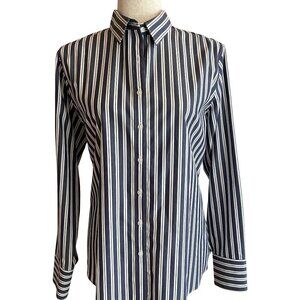 Lands End No Iron Supima Deep Sea/White Stripe 12P